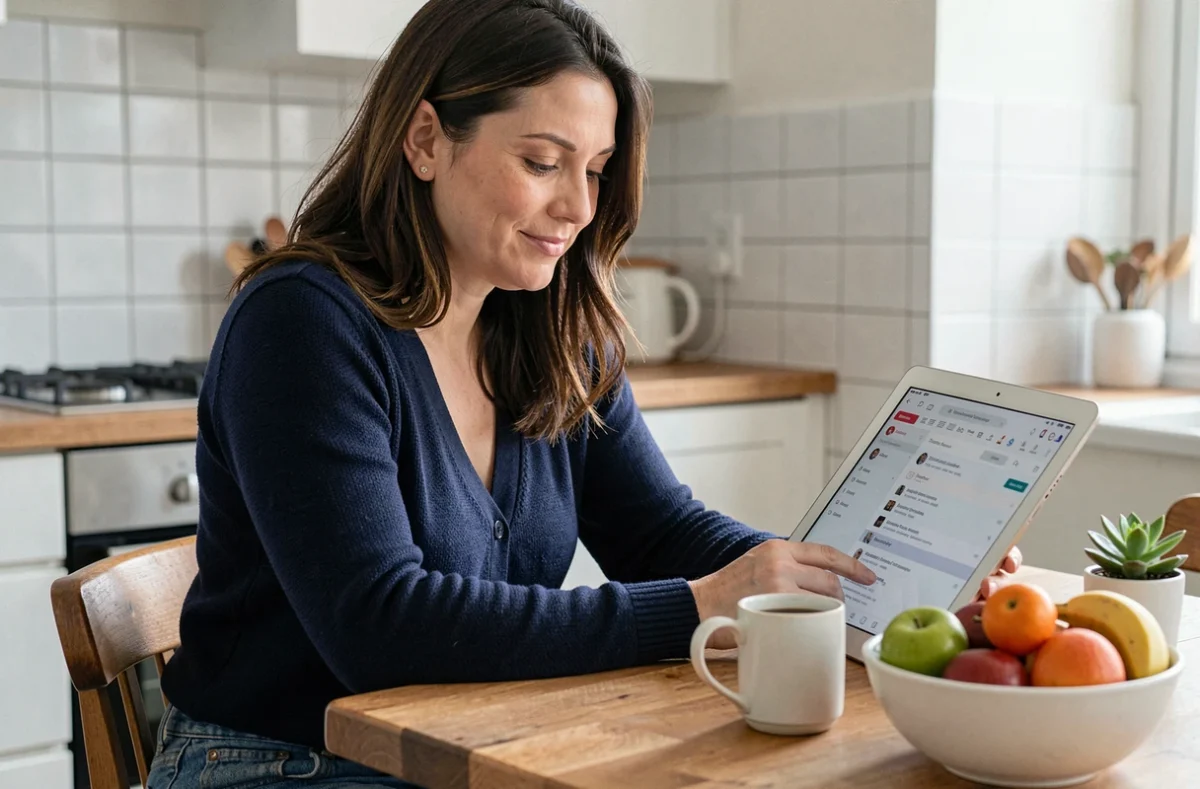 Femme consultant ses mails Orange sur une tablette dans une cuisine moderne