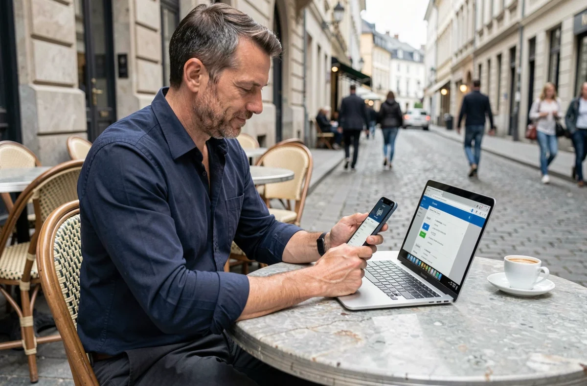 Homme utilisant un VPN sur smartphone et ordinateur pour accéder à son webmail depuis un café à l'étranger