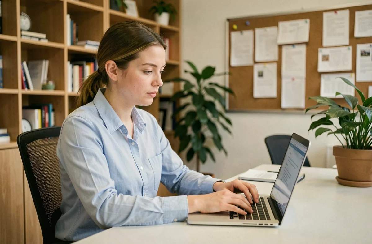 Femme contractuelle consultant sa boîte mail académique de Nantes sur un ordinateur portable dans un bureau universitaire