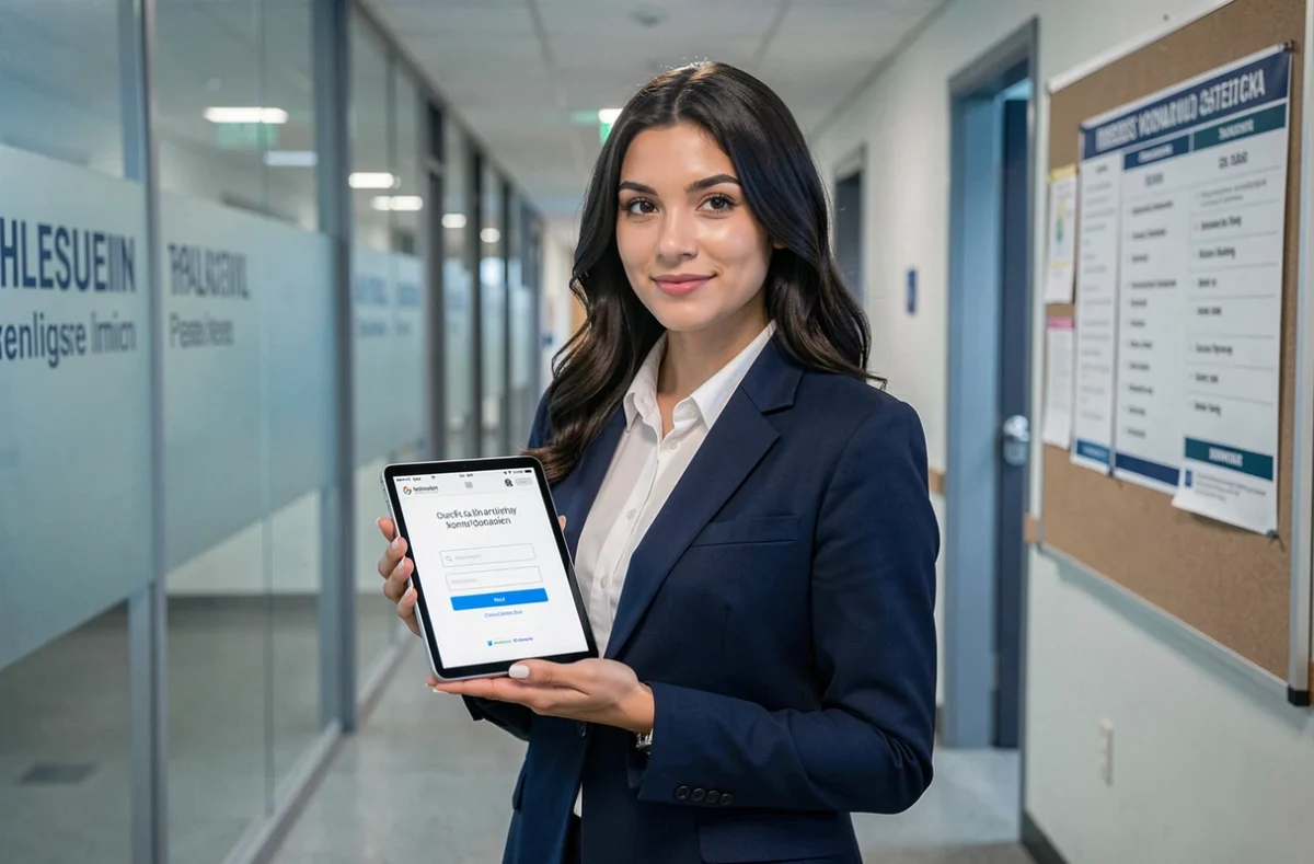 Une administratrice de l'académie de Bordeaux consultant le webmail convergence sur une tablette dans un couloir universitaire moderne