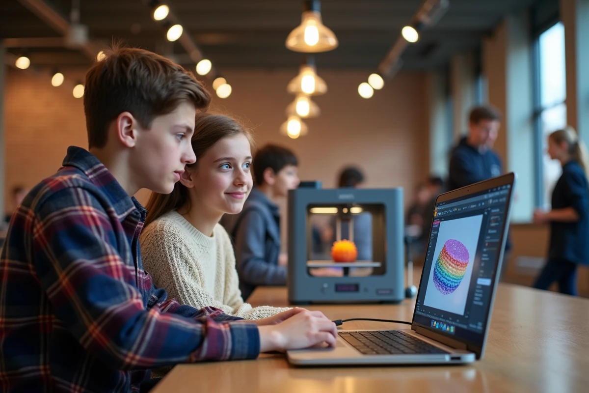Deux adolescents consultant un logiciel de modélisation 3D devant une imprimante en action dans un fablab scolaire