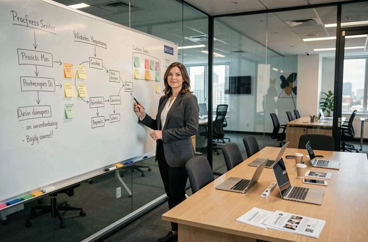 Chef de projet d'Agepcom devant un tableau de roadmap WordPress dans une salle de réunion d'un centre d'affaires de la Marne