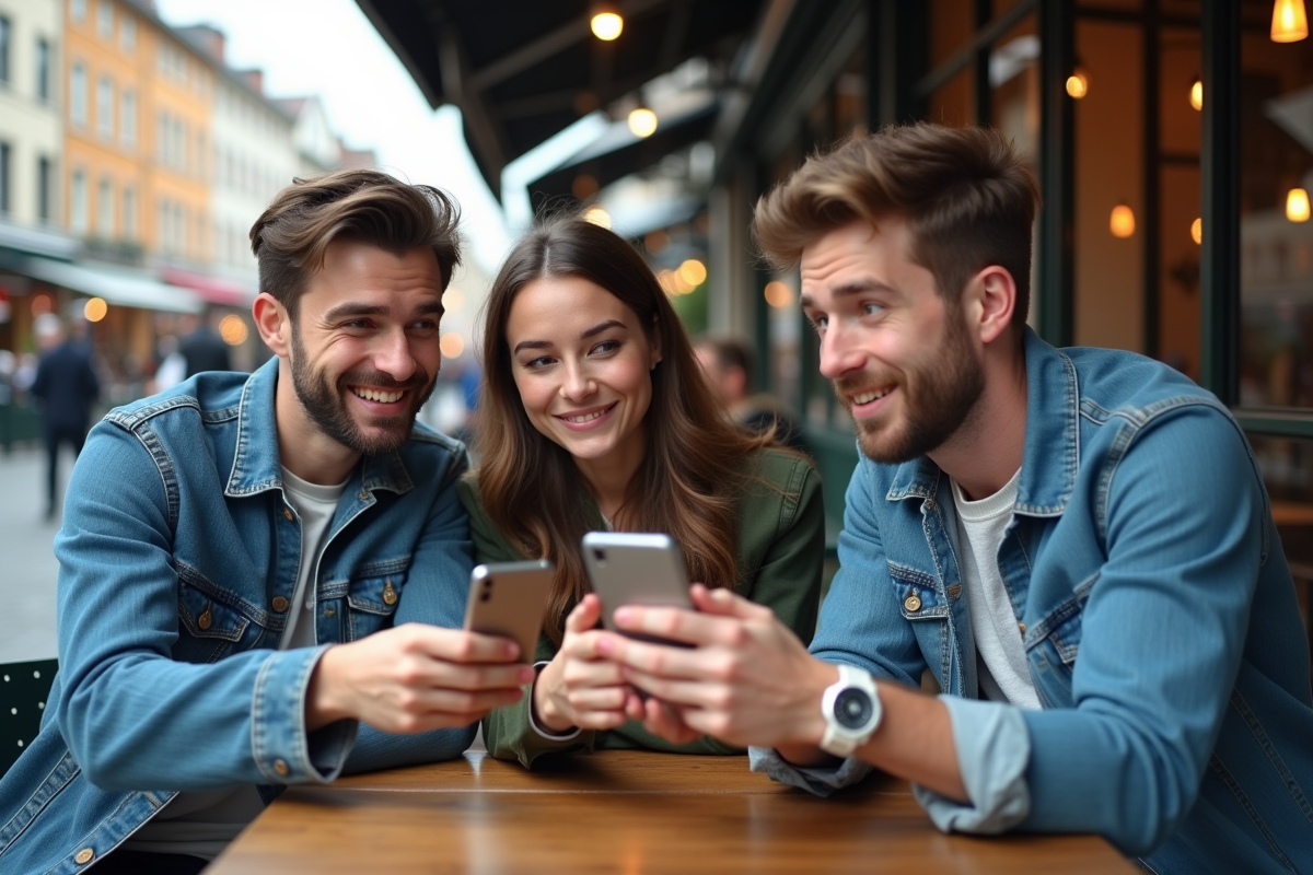 Trois amis au café en ville regardant un smartphone