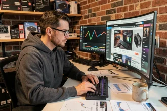 Homme analysant des tests et benchmarks PC sur un écran ultrawide dans un bureau à domicile encombré de composants informatiques