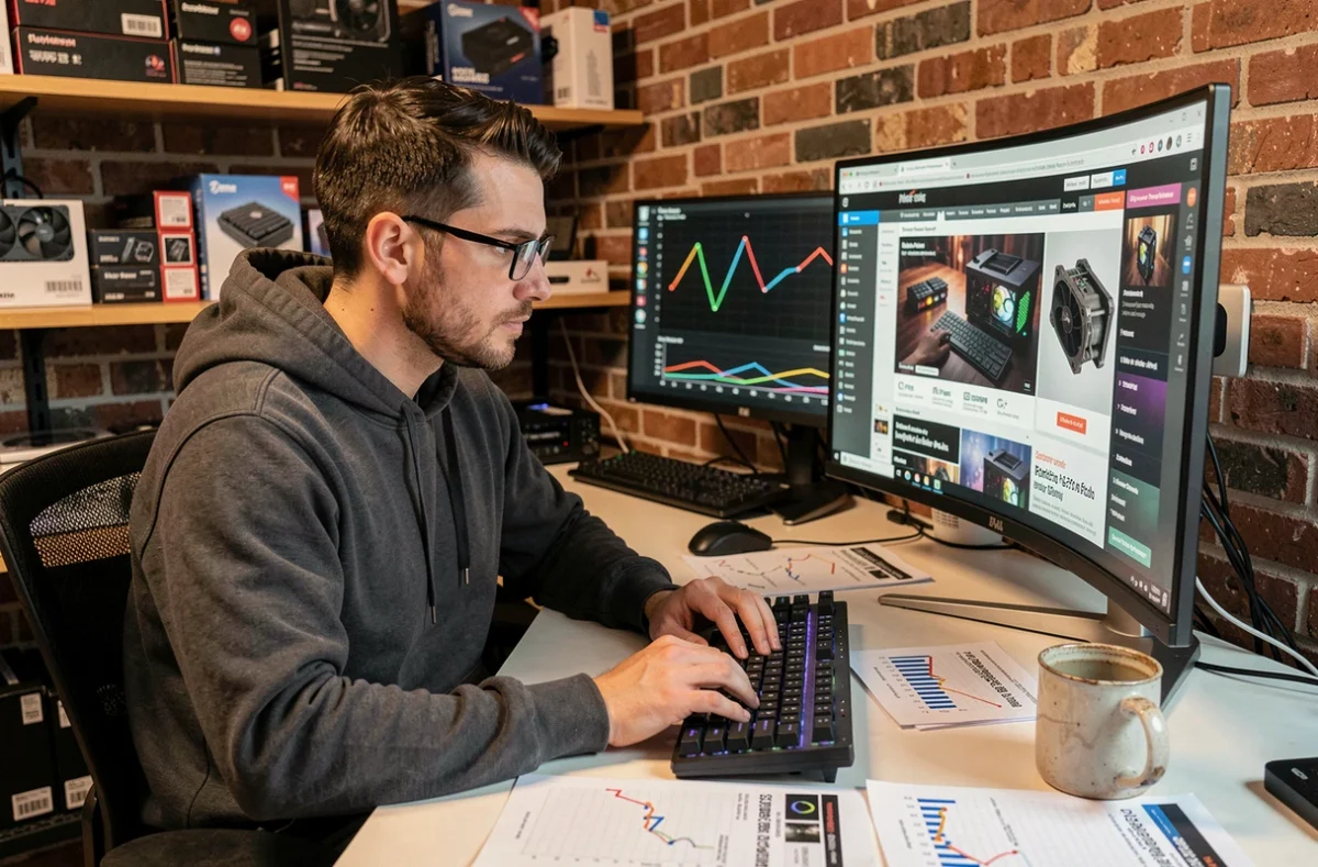 Homme analysant des tests et benchmarks PC sur un écran ultrawide dans un bureau à domicile encombré de composants informatiques