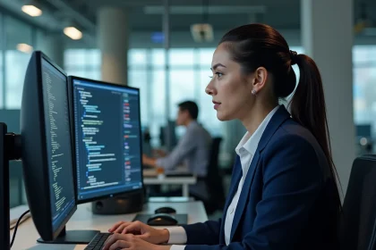 Professionnelle en cybersécurité analysant des catégories de logiciels malveillants sur un poste de travail à double écran dans un bureau moderne
