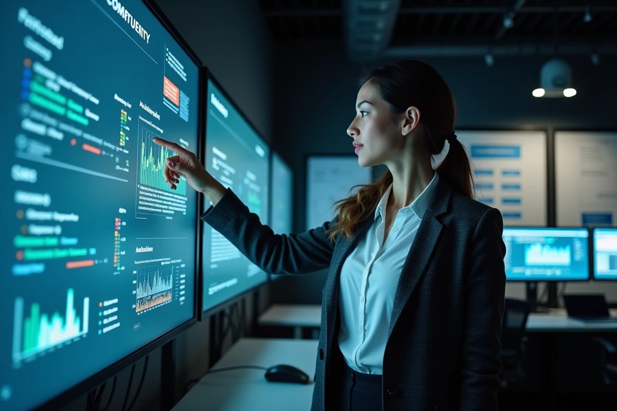 Analyste en cybersécurité identifiant des vulnérabilités liées à un logiciel obsolète sur un tableau de bord de sécurité