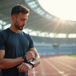 Jeune homme sportif ajustant sa montre connectée sur un stade futuriste