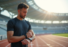 Jeune homme sportif ajustant sa montre connectée sur un stade futuriste