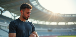 Jeune homme sportif ajustant sa montre connectée sur un stade futuriste