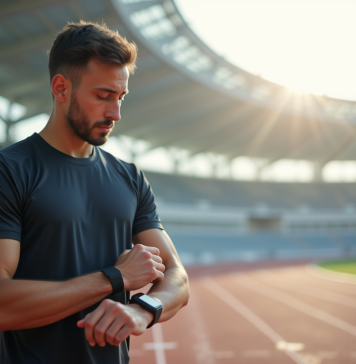 Jeune homme sportif ajustant sa montre connectée sur un stade futuriste
