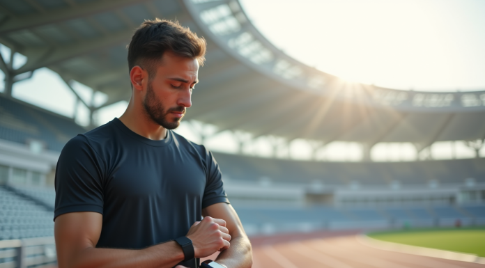 Jeune homme sportif ajustant sa montre connectée sur un stade futuriste