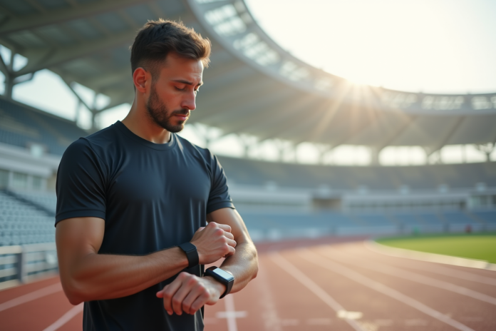 Jeune homme sportif ajustant sa montre connectée sur un stade futuriste