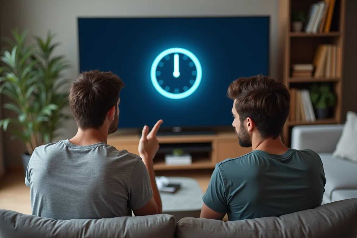 Deux amis analysant un bannissement temporaire sur une console de jeu dans un salon moderne