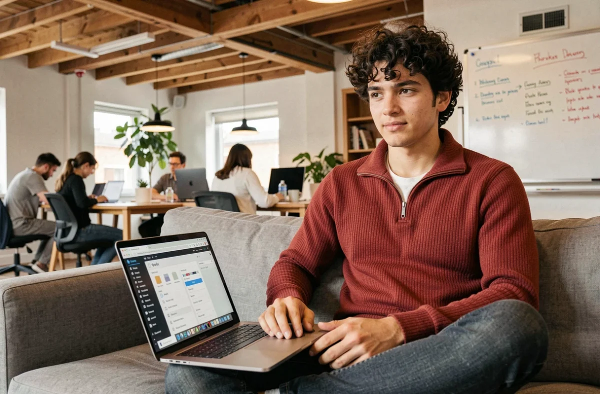 Développeur de Beforcom travaillant sur WordPress dans un espace de co-working chaleureux avec poutres en bois