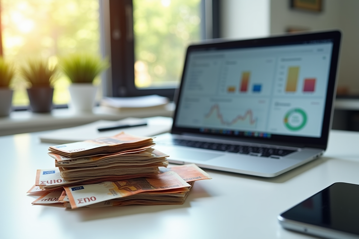 Billets euro et graphique de données sur un bureau lumineux
