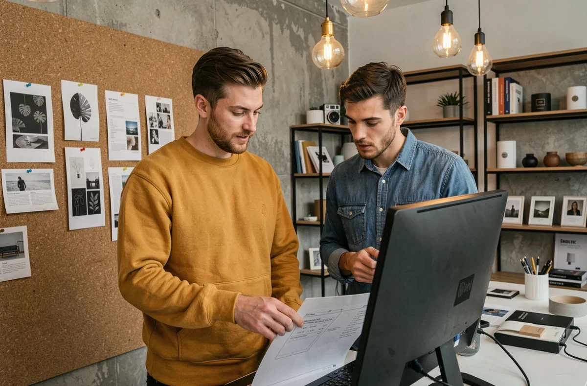 Deux membres de l'équipe de Biper Studio examinant un prototype e-commerce WordPress dans leur studio de design créatif