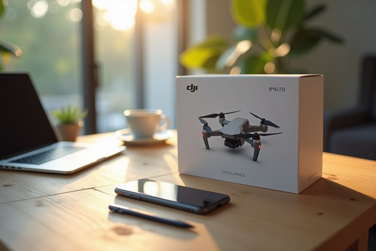 Boite de drone DJI Mini sur un bureau avec ordinateur et café lumineux