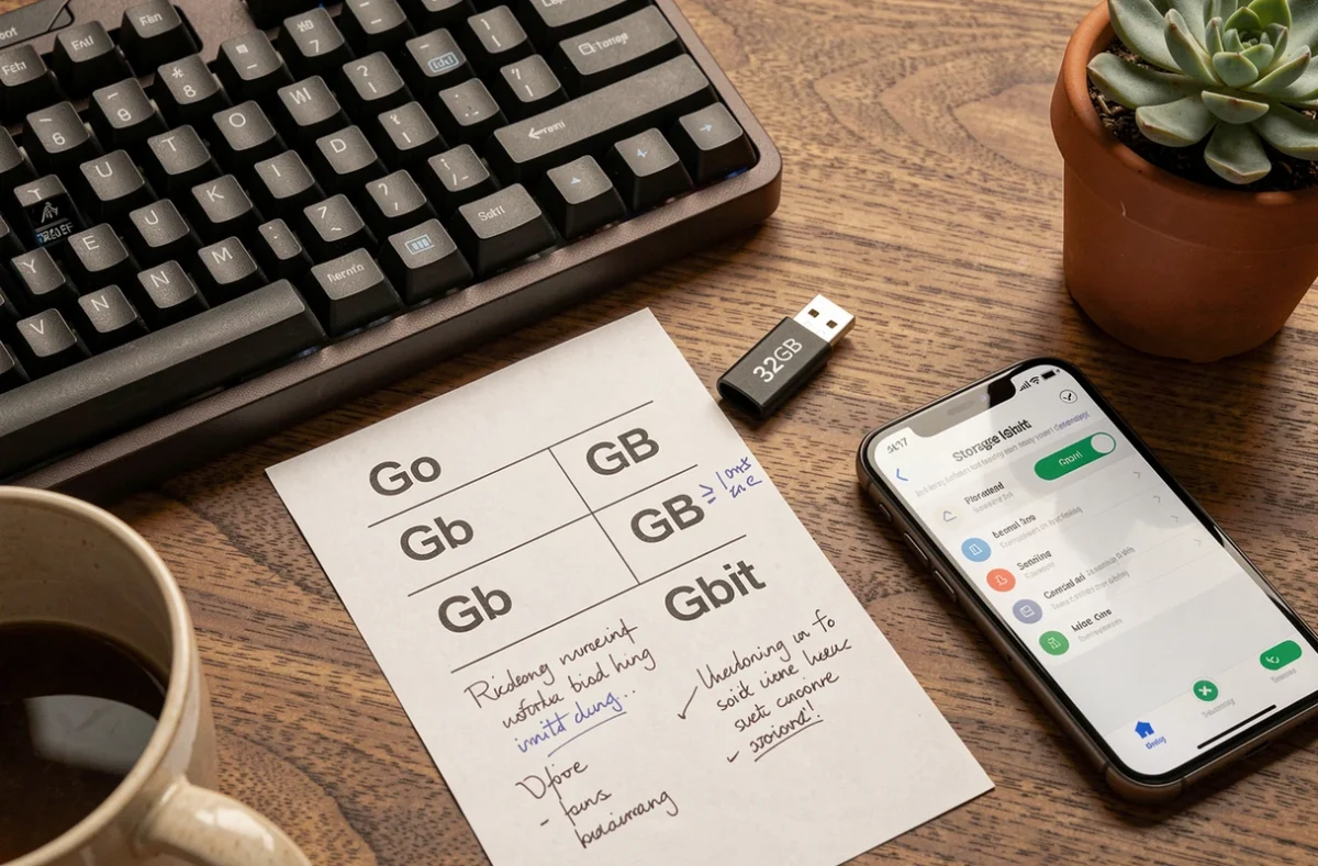 Bureau avec clé USB 32 Go, fiche comparative des unités Go GB Gb et Gbit et clavier mécanique en vue de dessus