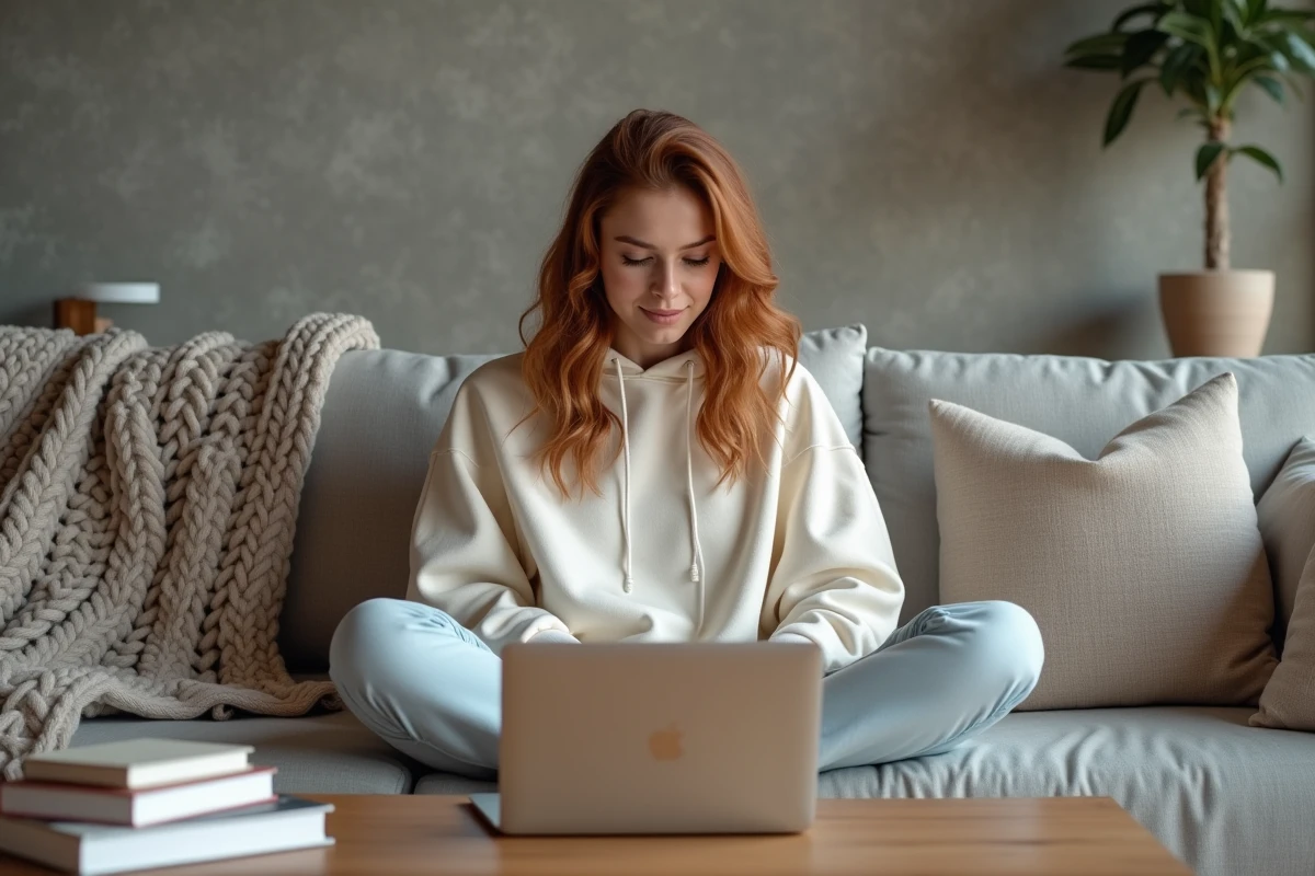 Jeune femme soulagée après avoir vidé le cache de son MacBook Pro en toute sécurité depuis son canapé
