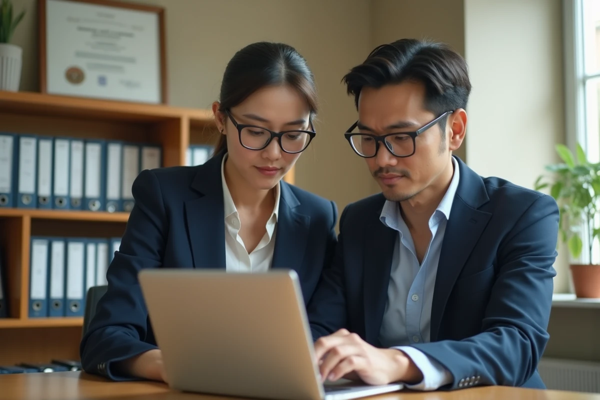 Chef d'établissement scolaire consultant sa webmessagerie sur un ordinateur portable dans son bureau organisé