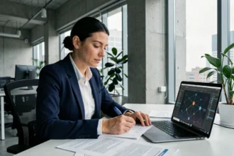 Chercheuse en intelligence artificielle annotant des documents dans un bureau tech moderne, illustrant la recherche sur les IA constitutionnelles
