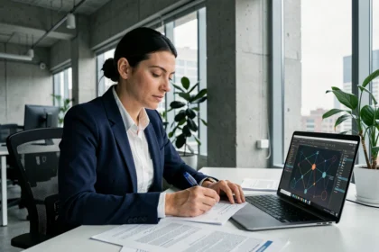 Chercheuse en intelligence artificielle annotant des documents dans un bureau tech moderne, illustrant la recherche sur les IA constitutionnelles