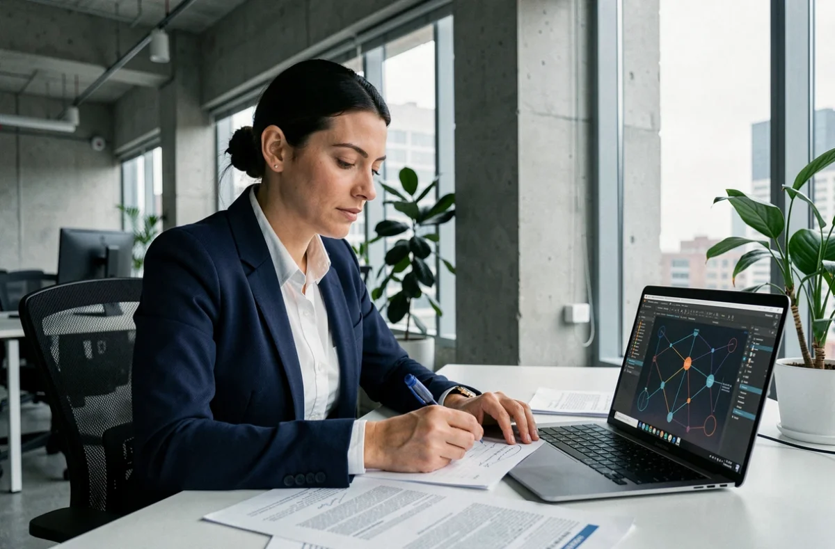Chercheuse en intelligence artificielle annotant des documents dans un bureau tech moderne, illustrant la recherche sur les IA constitutionnelles