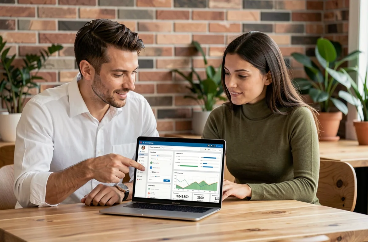 Deux collègues collaborant sur la configuration d'un plan de connexion BI sur un ordinateur portable dans un espace de travail moderne