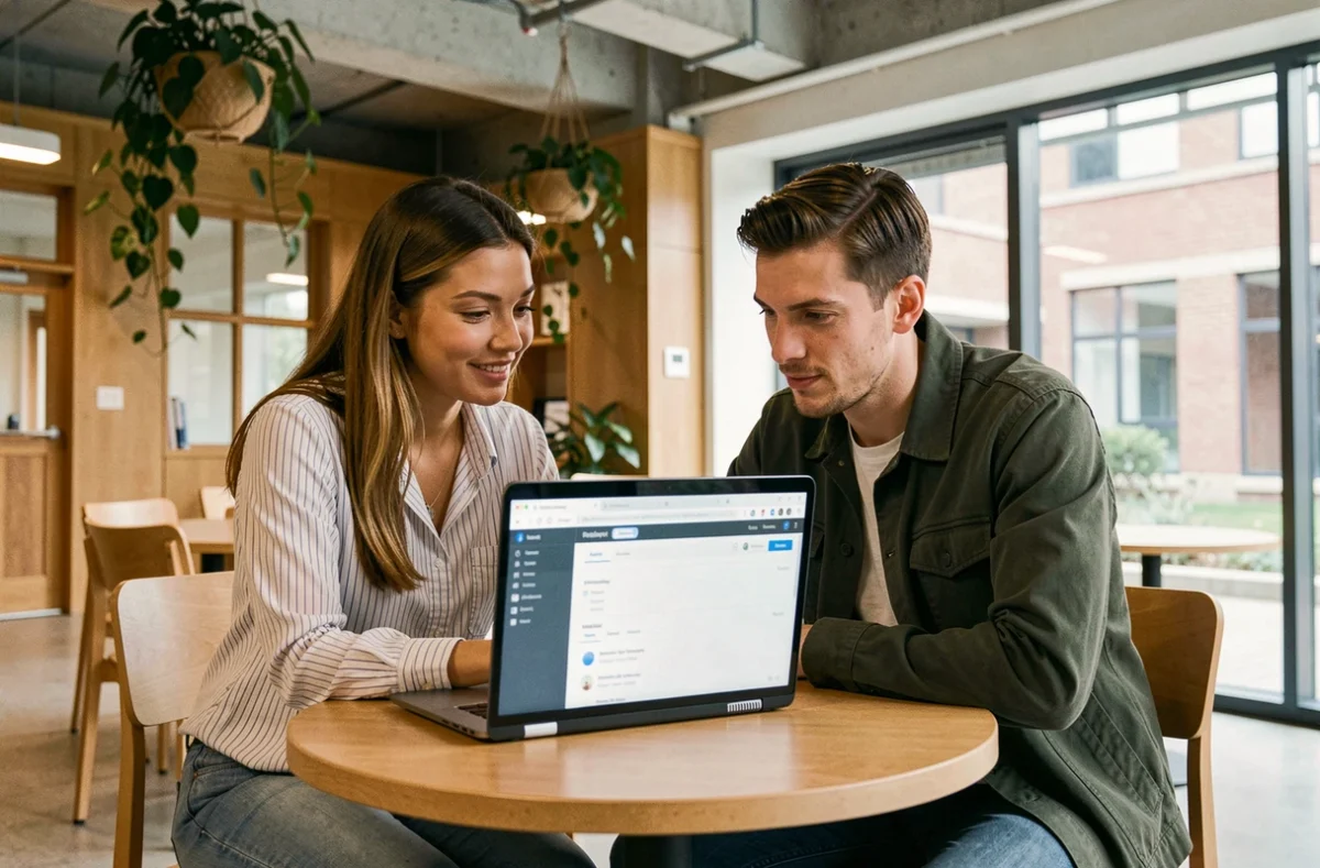 Deux collègues consultant ensemble les options de personnalisation du webmail Rennes sur un ordinateur portable dans une salle commune
