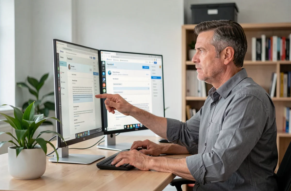 Homme comparant deux interfaces de messagerie professionnelle HCL Verse et webmail HCL sur deux écrans