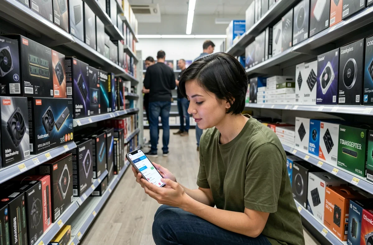 Femme comparant les prix de composants PC dans un magasin informatique avec une application smartphone de comparaison de bons plans