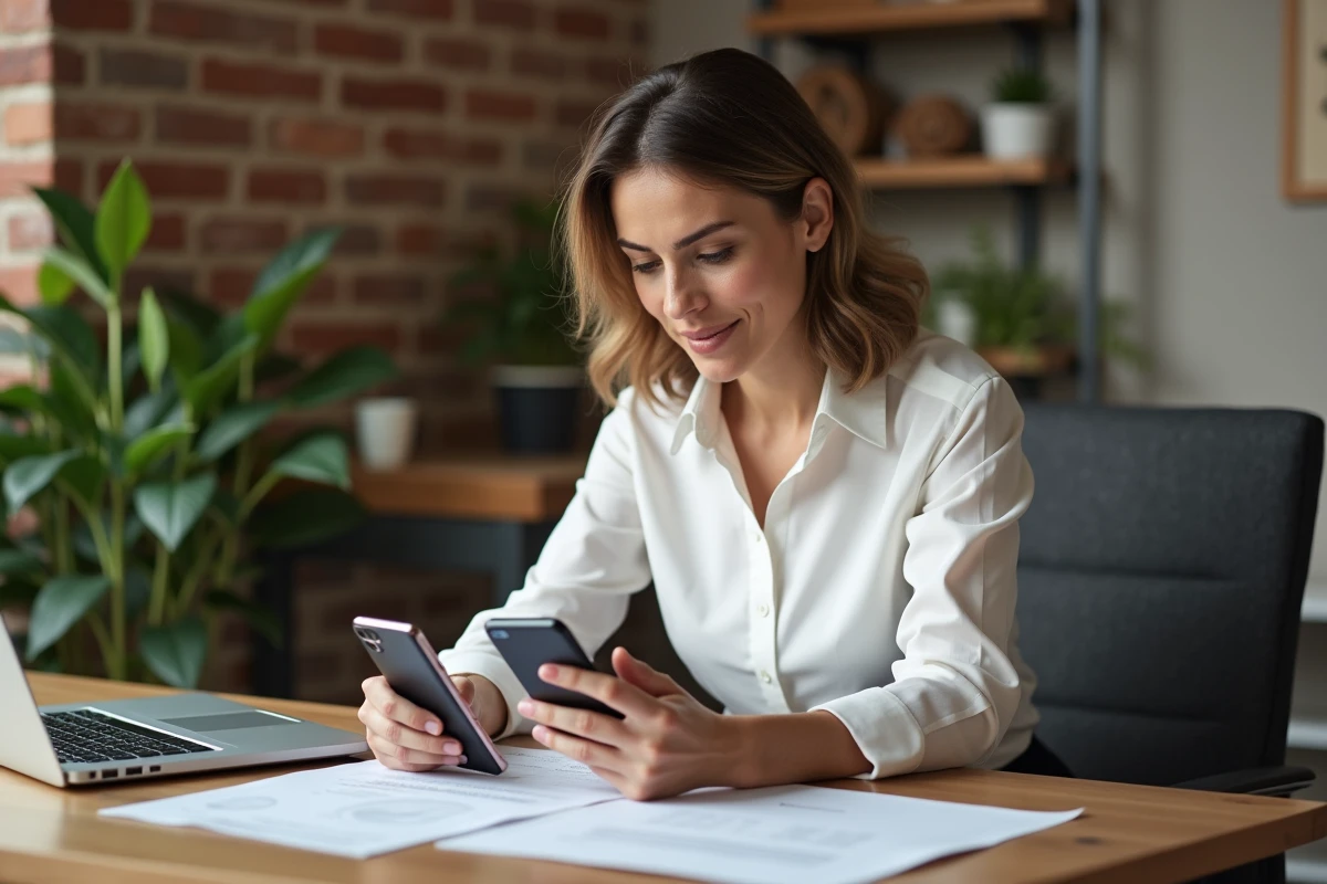 Femme cadre comparant deux smartphones professionnels Ericsson sur un bureau à domicile, guide d'achat 2026