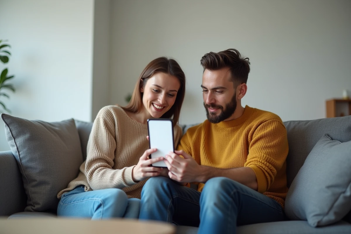 Deux amis regardant ensemble un profil Instagram introuvable sur un smartphone dans un salon moderne