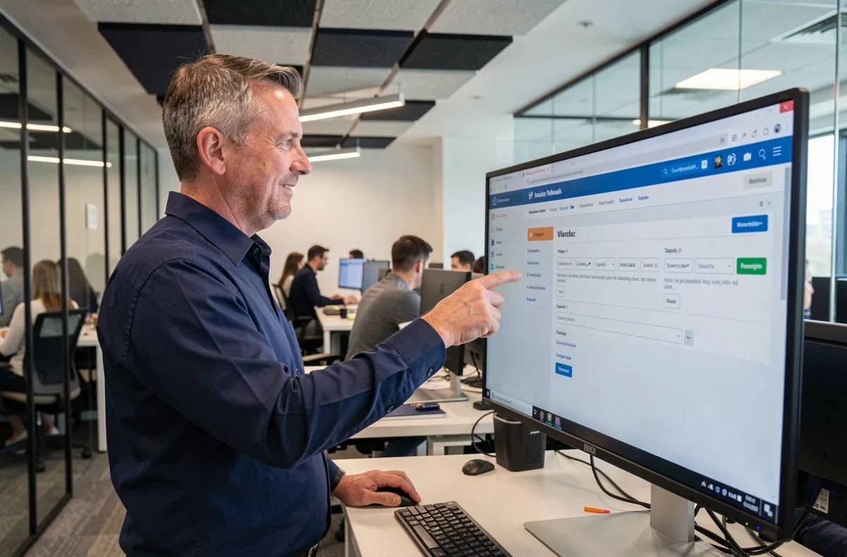 Homme configurant les filtres et signatures de son webmail ac Rennes sur un grand écran de bureau en open space