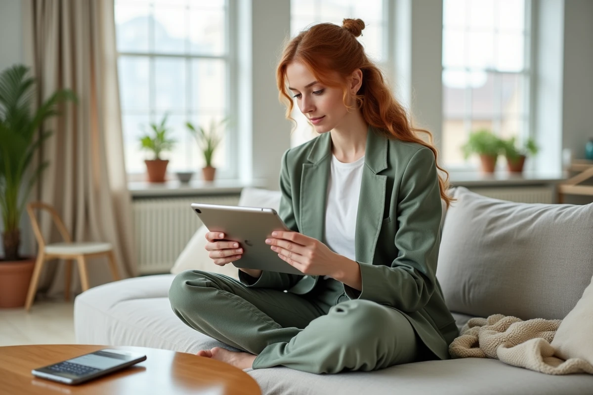 Jeune femme configurant la localisation et les claviers sur iPhone et iPad dans un salon de style scandinave