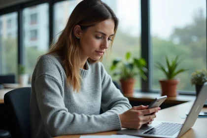 Femme configurant sa messagerie professionnelle inrae.fr sur un smartphone Android au bureau