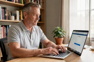 Homme configurant son portail Orange sur un ordinateur portable dans un bureau à domicile
