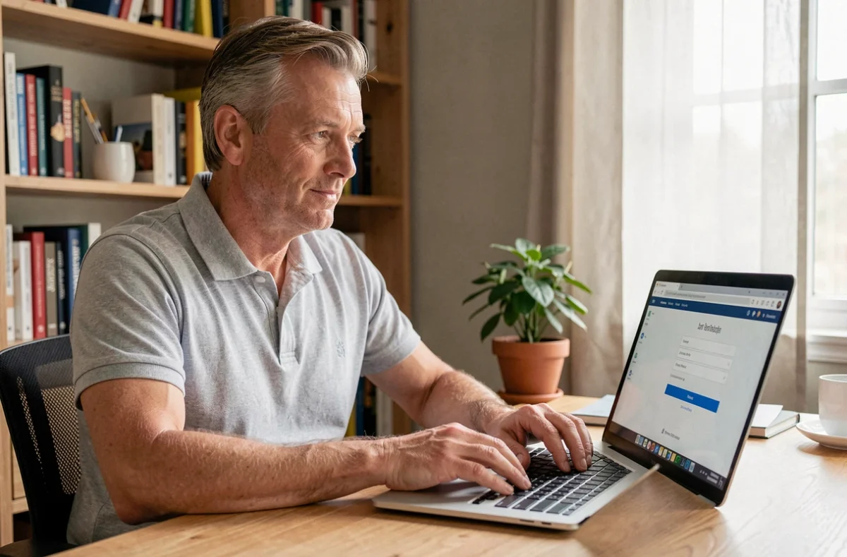 Homme configurant son portail Orange sur un ordinateur portable dans un bureau à domicile