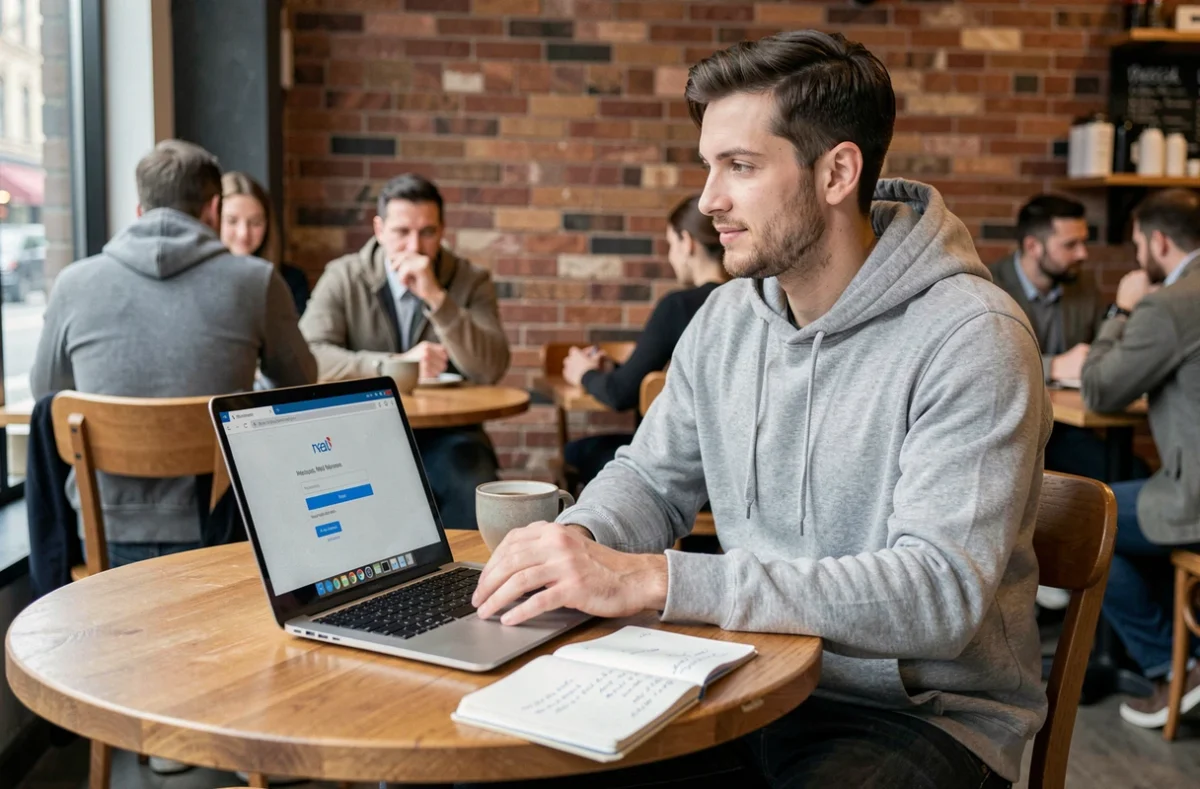 Enseignant contractuel activant son compte mail académique de l'académie de Nantes depuis un café avec son ordinateur portable