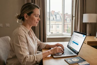 Femme professionnelle connectée à son webmail Dijon depuis une chambre d'hôtel à l'étranger sur un ordinateur portable