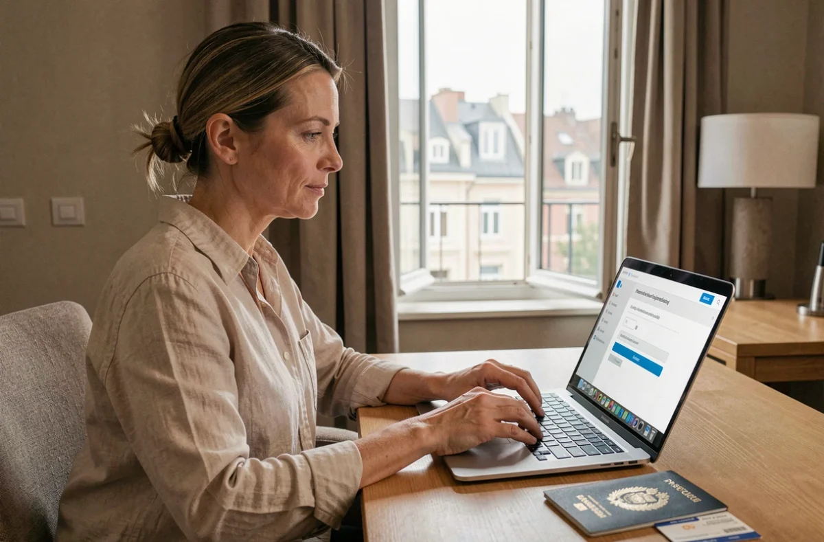 Femme professionnelle connectée à son webmail Dijon depuis une chambre d'hôtel à l'étranger sur un ordinateur portable
