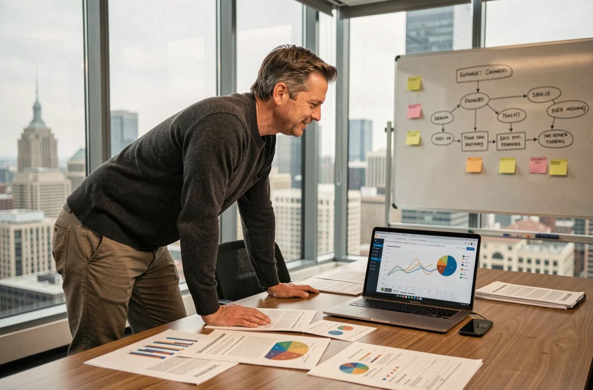 Consultant masculin travaillant sur des rapports et un tableau de bord Power BI dans une salle de réunion avec vue sur la ville