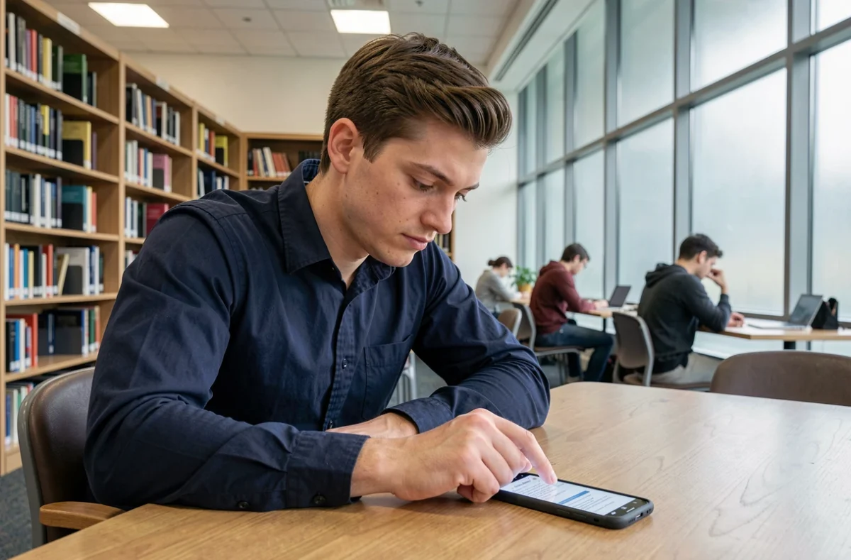 Homme consultant Webversailles sur mobile dans une bibliothèque universitaire moderne