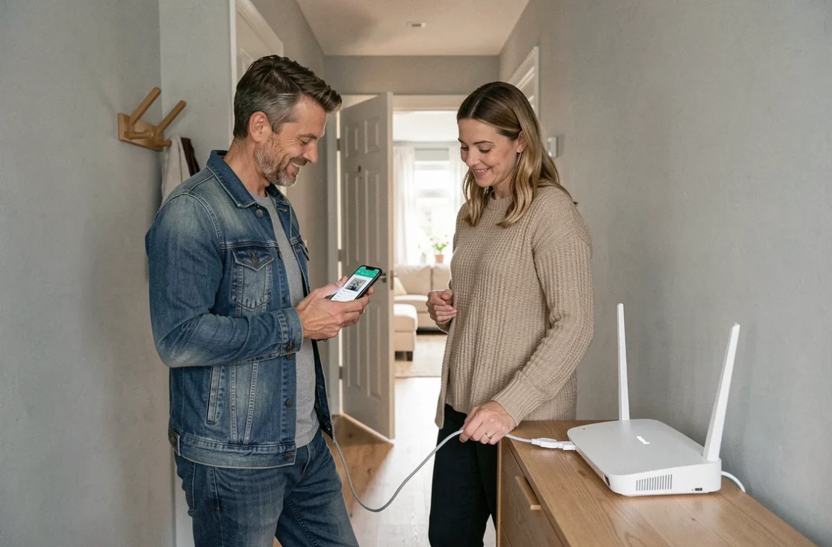 Couple configurant ensemble la box SFR Fibre dans le couloir de leur appartement