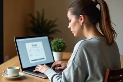 Femme créant un compte email Yahoo sur son ordinateur portable depuis un bureau à domicile