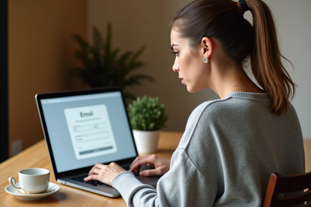 Femme créant un compte email Yahoo sur son ordinateur portable depuis un bureau à domicile