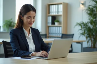 Femme professionnelle configurant une signature email sur un webmail académique dans un bureau administratif