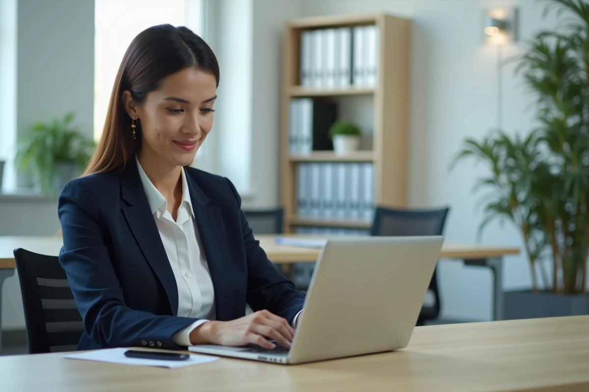 Femme professionnelle configurant une signature email sur un webmail académique dans un bureau administratif