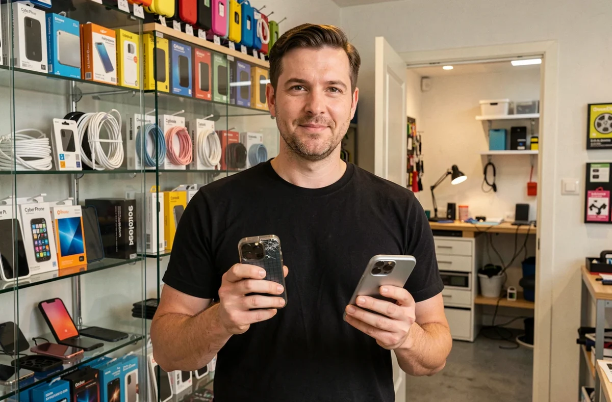 Propriétaire de Cyber Phone Compiègne présentant un smartphone réparé devant le rayon d'accessoires de la boutique